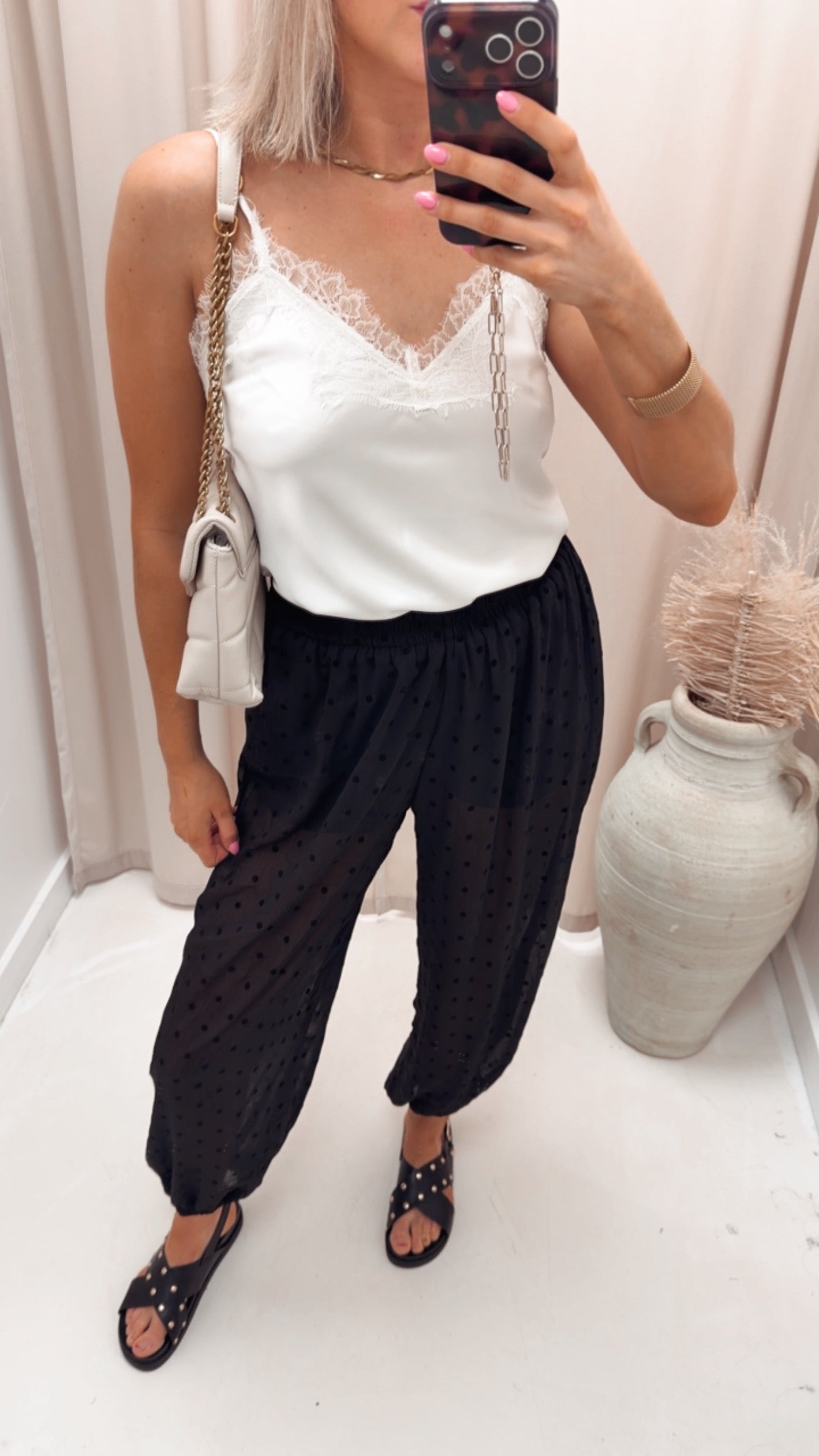 FLOCKED POLKA DOT HAREM PANTS