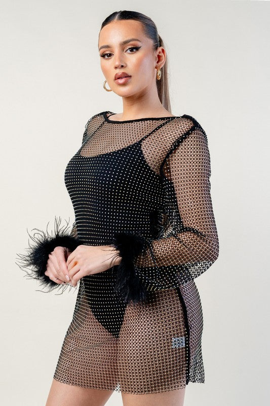 AMBER RHINESTONE MESH DRESS (BLACK)