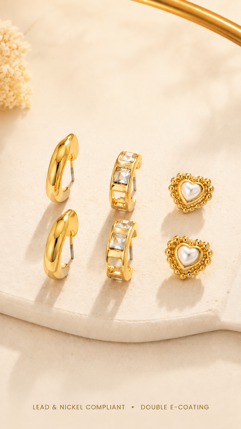 PEARL HEART & RHINESTONE TRIO EARRINGS