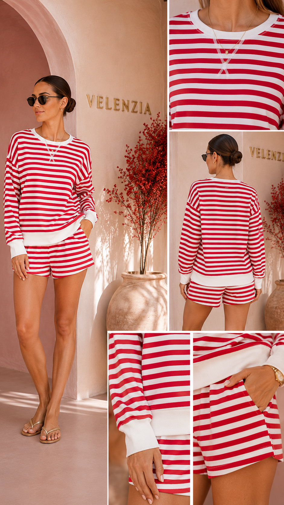 STRIPED RIB BANDED PULLOVER & SHORTS SET (RUBY)