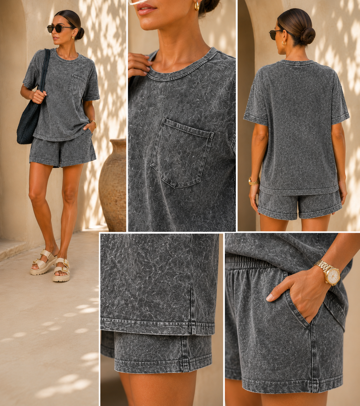 HALO SNOW WASHED EXPOSED SEAM TOP & SHORTS SET (ASH BLACK)