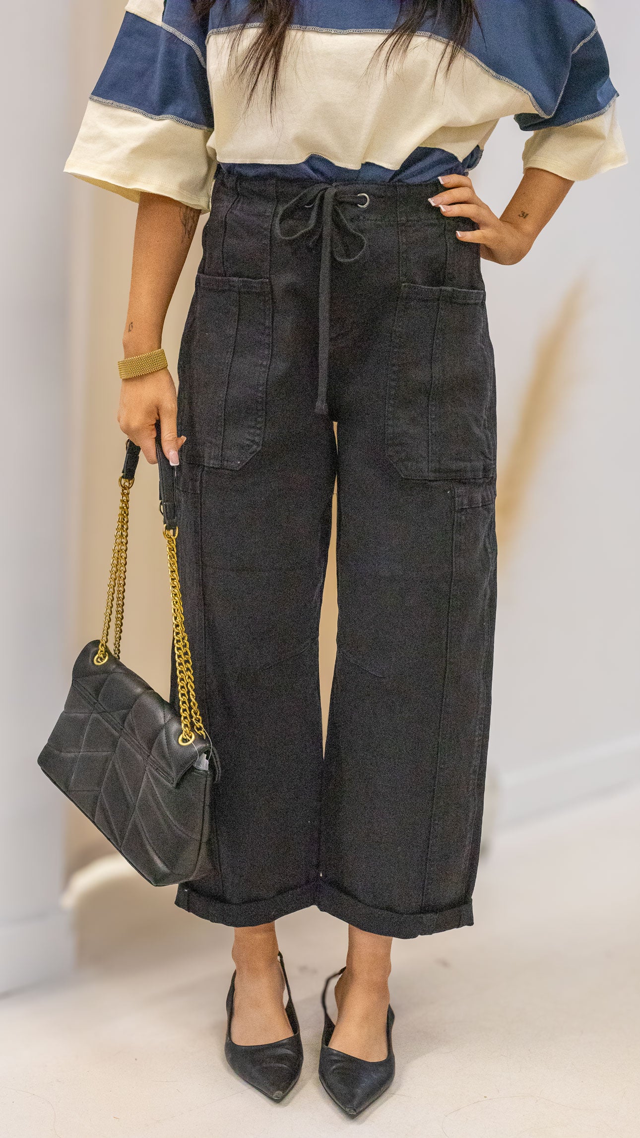 DEMI HIGH RISE CROP WIDE BARREL CARGO POCKET PANTS