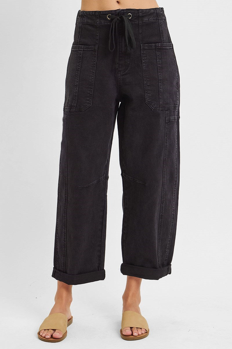DEMI HIGH RISE CROP WIDE BARREL CARGO POCKET PANTS