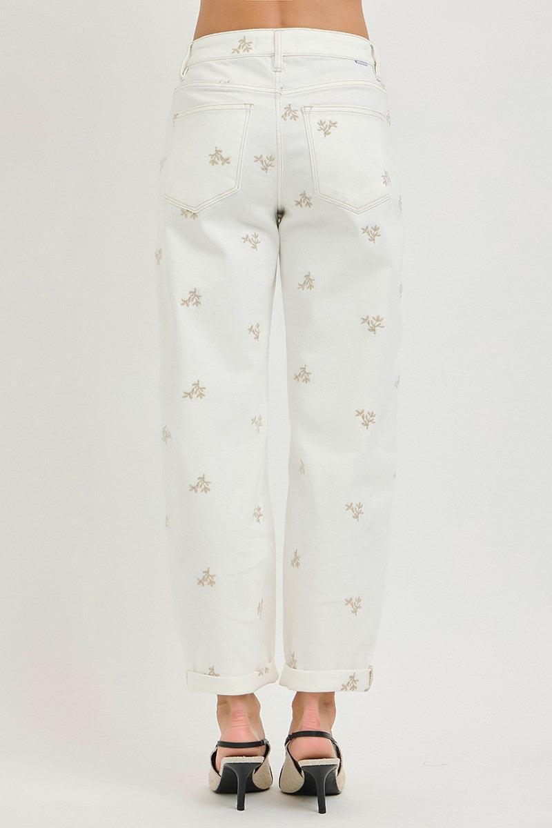 KLOE HIGH RISE LEAF EMBO DETAILED BARREL PANTS
