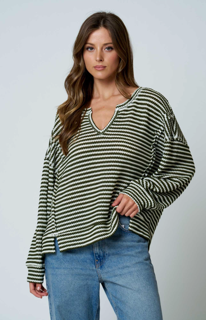 BARLOW STRIPED KNIT OVERSIZED SWEATER (OLIVE GREEN)