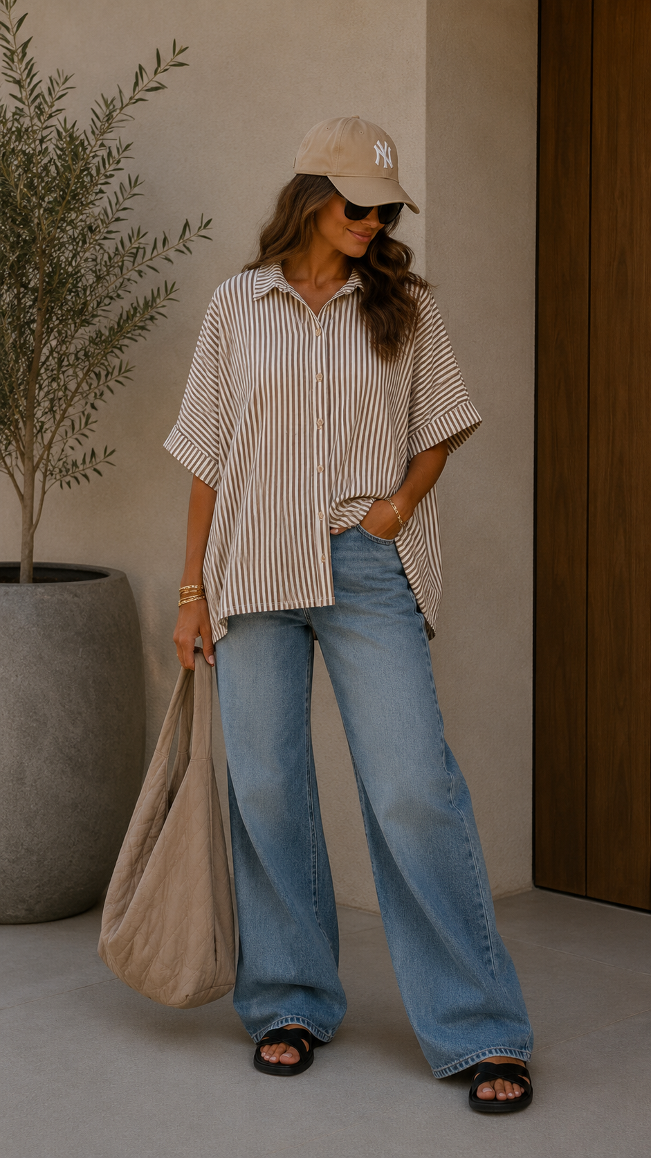 T-SHIRT STRIPED BUTTON UP TOP (BROWN)