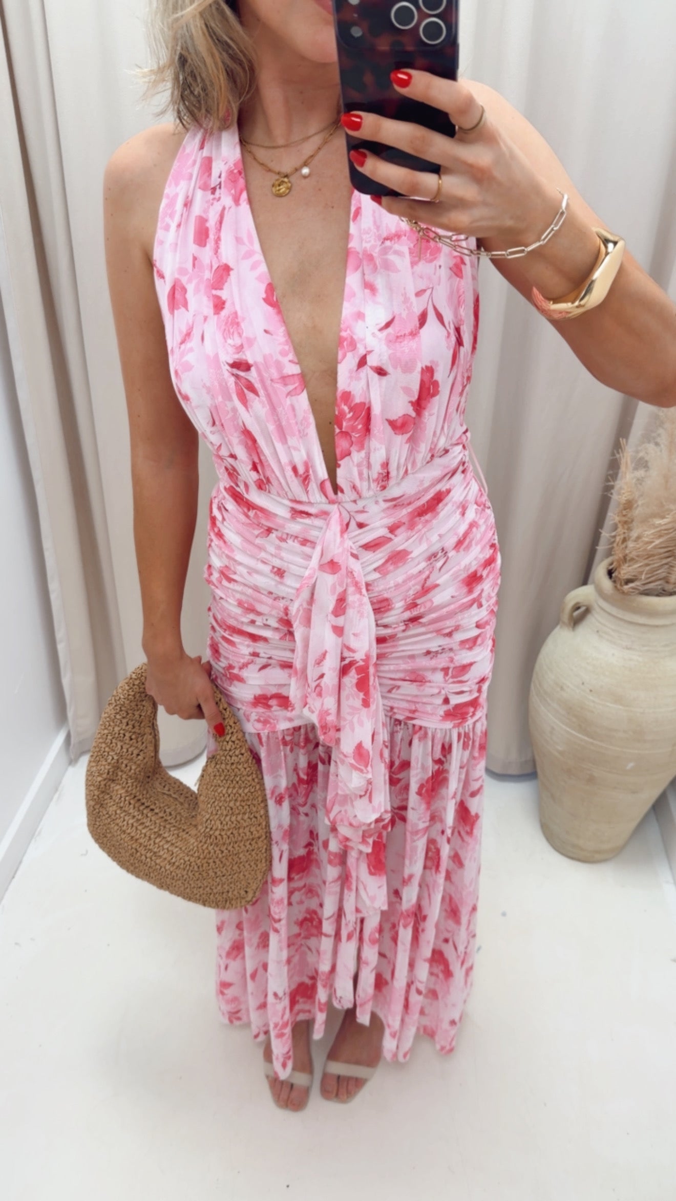 FLORAL PRINTED MESH HALTER NECK MAXI DRESS (PINK MULTI)