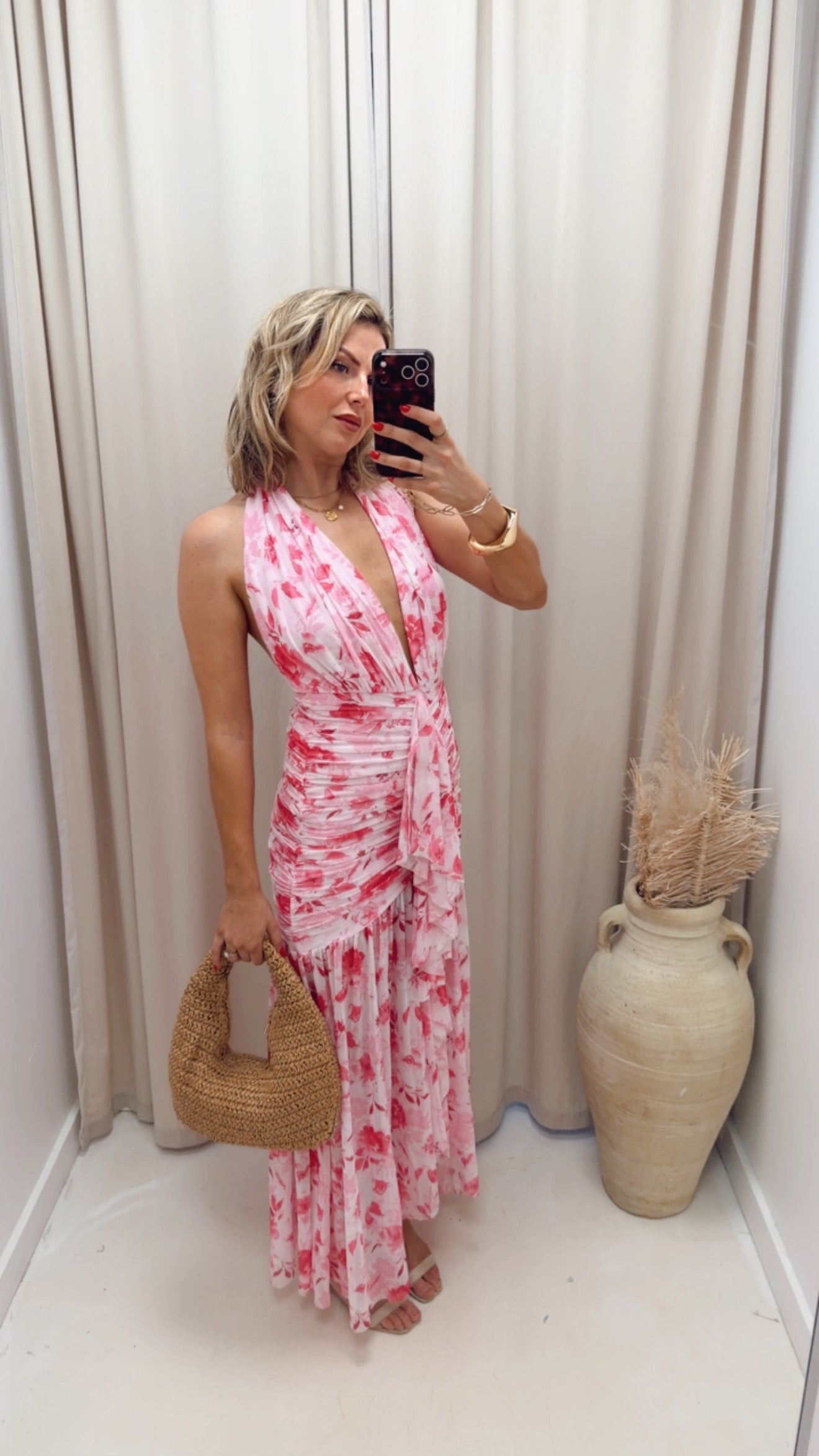 FLORAL PRINTED MESH HALTER NECK MAXI DRESS (PINK MULTI)