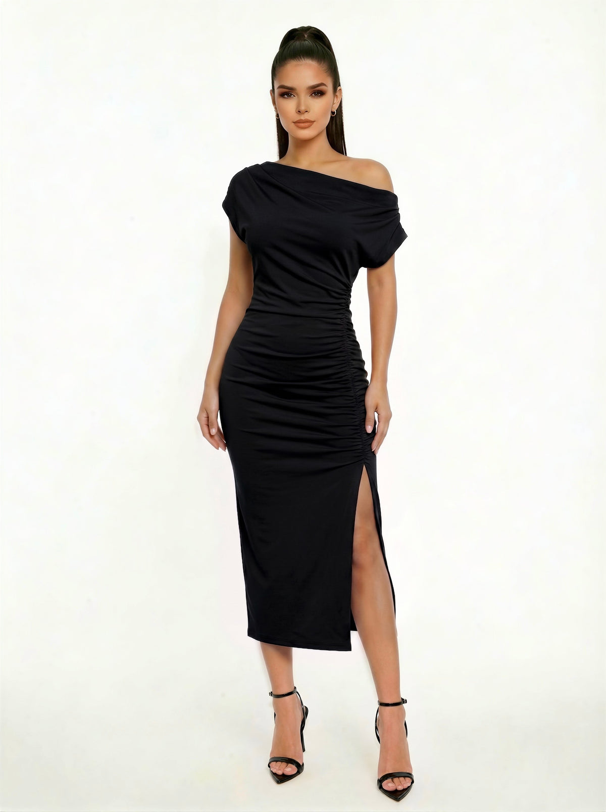ARIA ASYMETRICAL MIDI DRESS (BLACK)