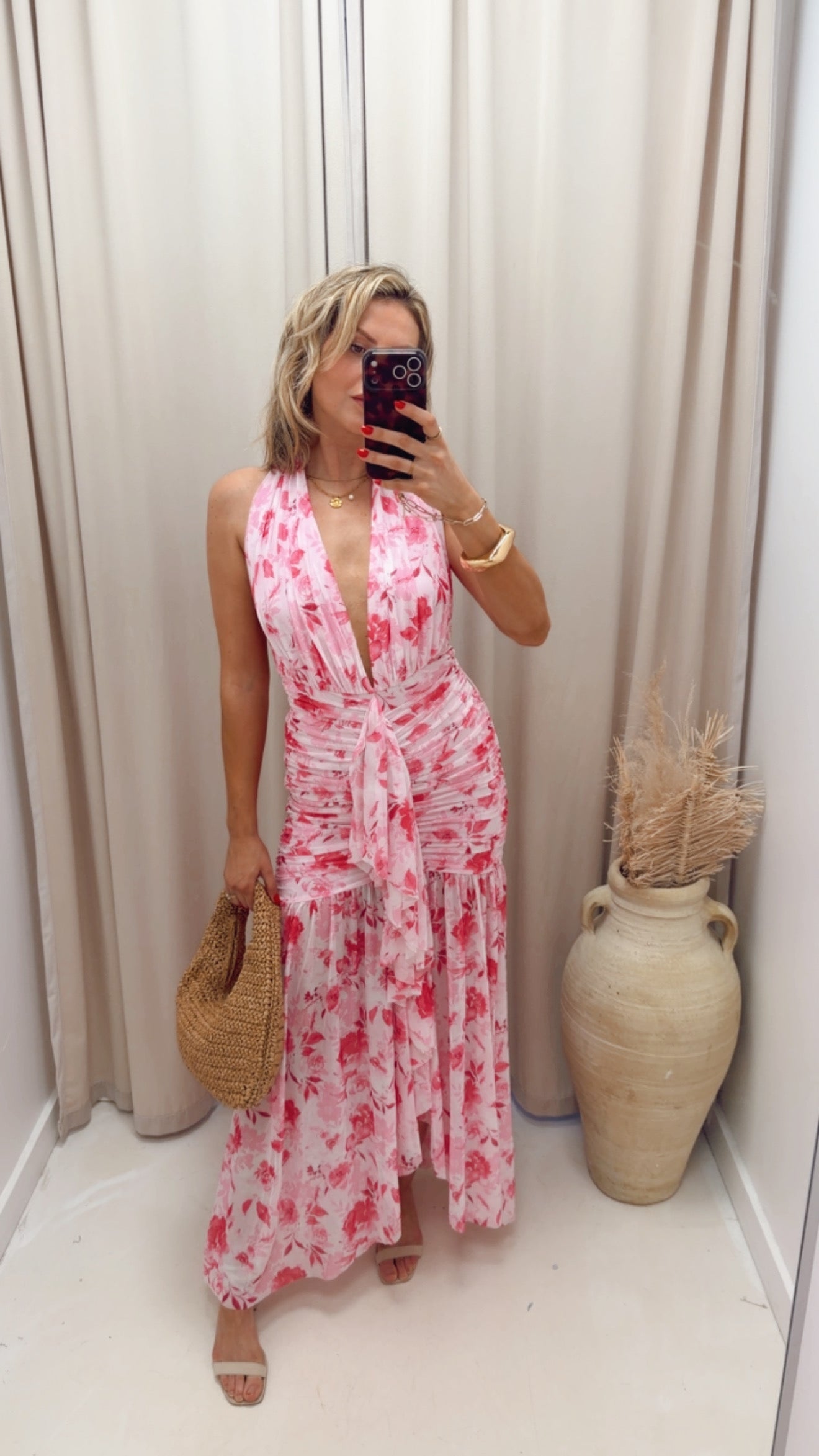 FLORAL PRINTED MESH HALTER NECK MAXI DRESS (PINK MULTI)
