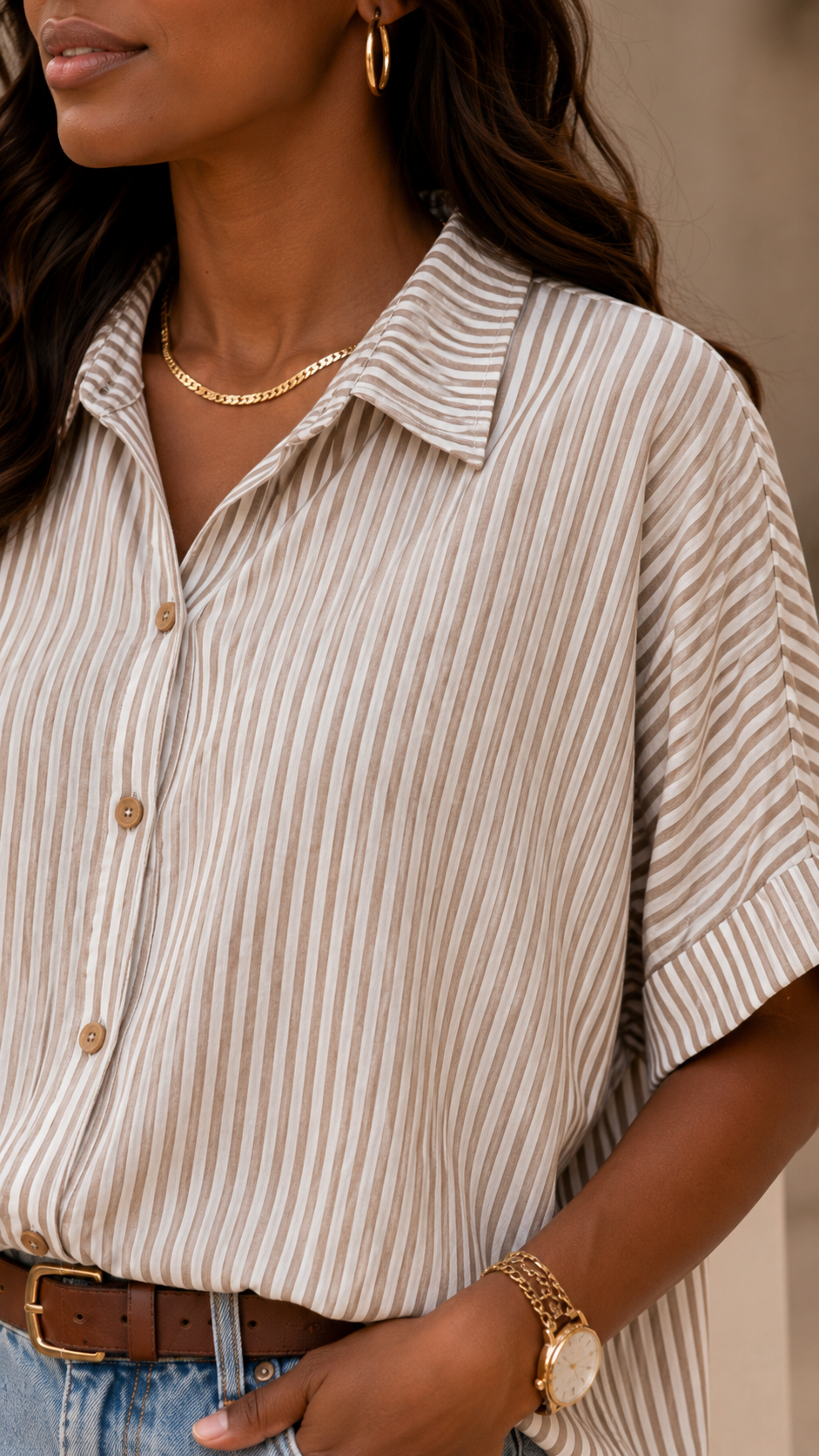 WOVEN STRIPE BUTTON DOWN BOXY TOP (TAUPE)