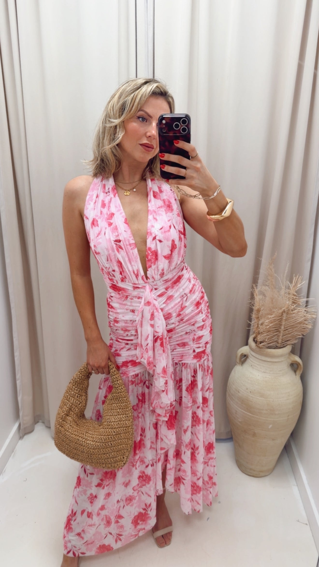 FLORAL PRINTED MESH HALTER NECK MAXI DRESS (PINK MULTI)