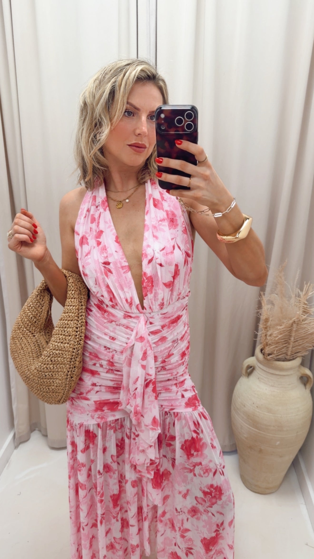 FLORAL PRINTED MESH HALTER NECK MAXI DRESS (PINK MULTI)