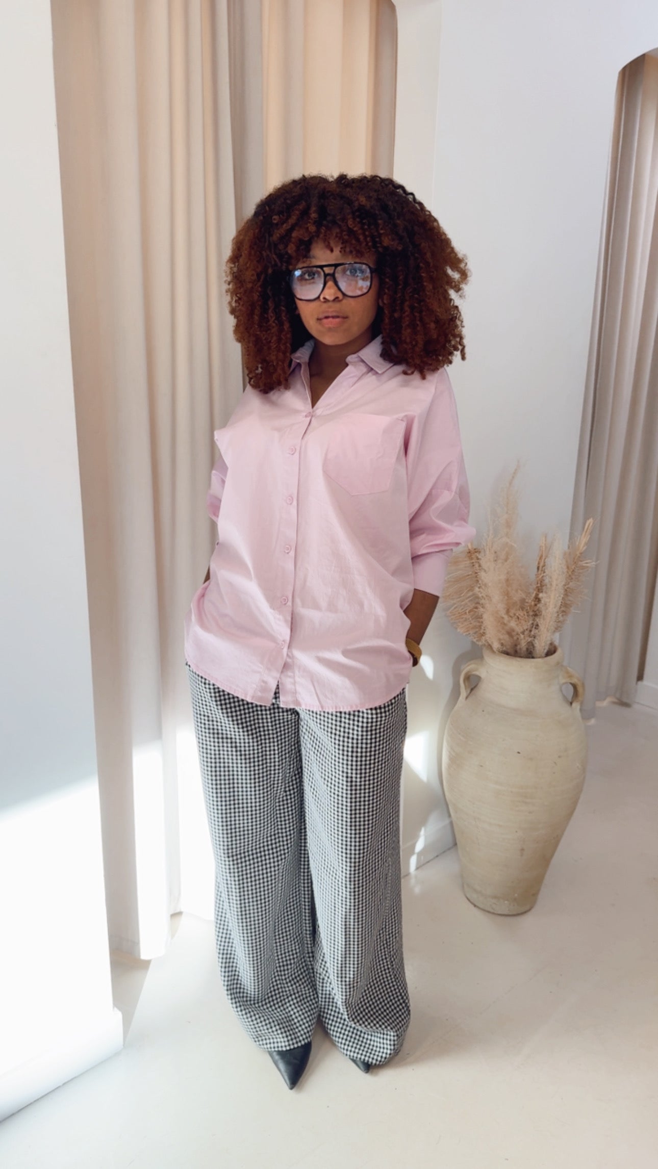 GINGHAM WIDE LEG DRAW-WAIST PANT | BLACK