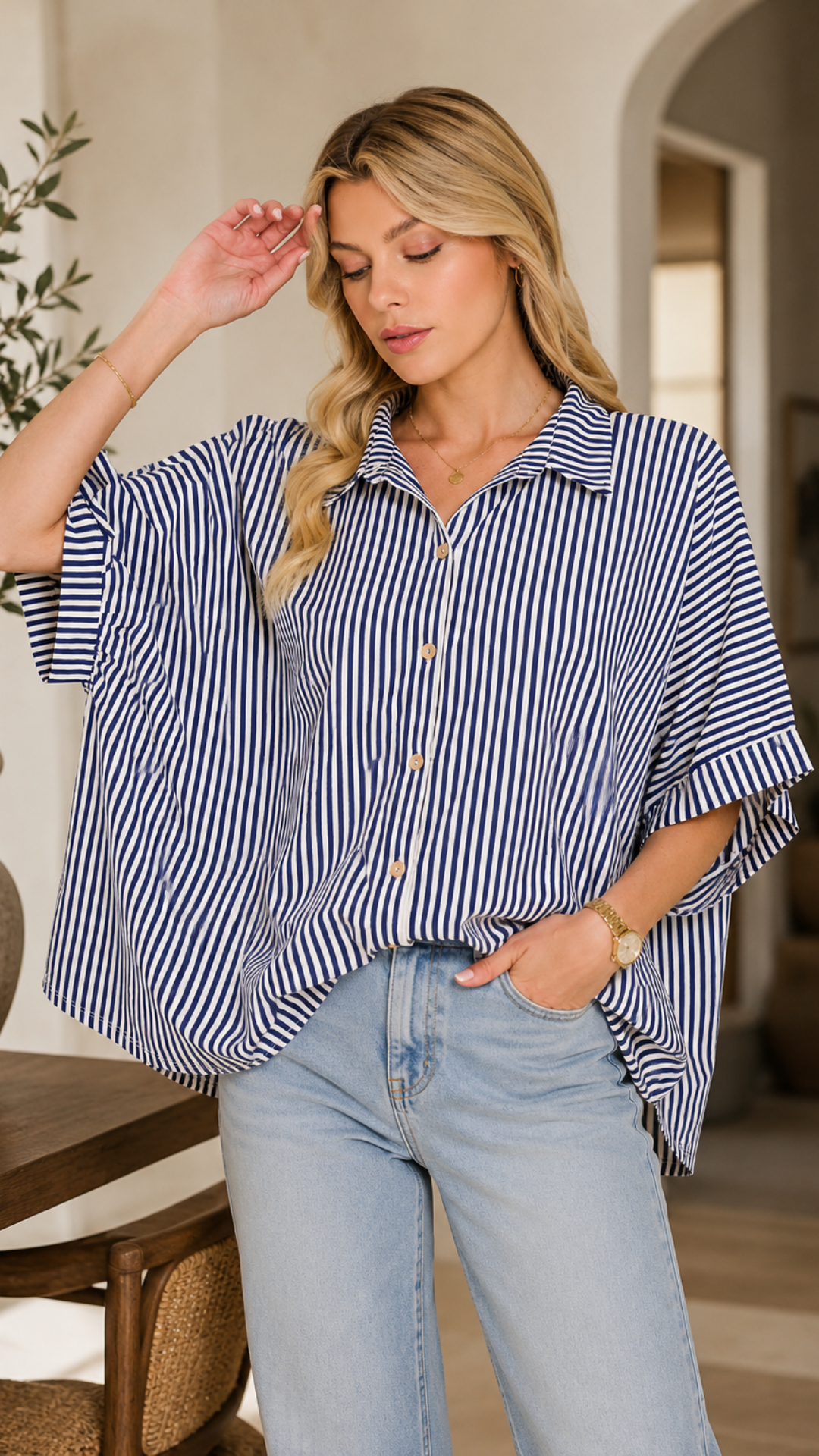 OVERSIZED STRIPE BUTTON-DOWN STRETCH KNIT SHIRTS (NAVY)