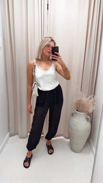 FLOCKED POLKA DOT HAREM PANTS