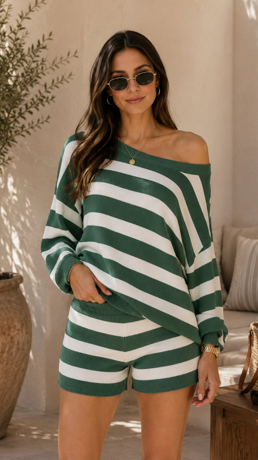 STRIPE HIGH WAIST SWEATER SHORTS (GREEN)