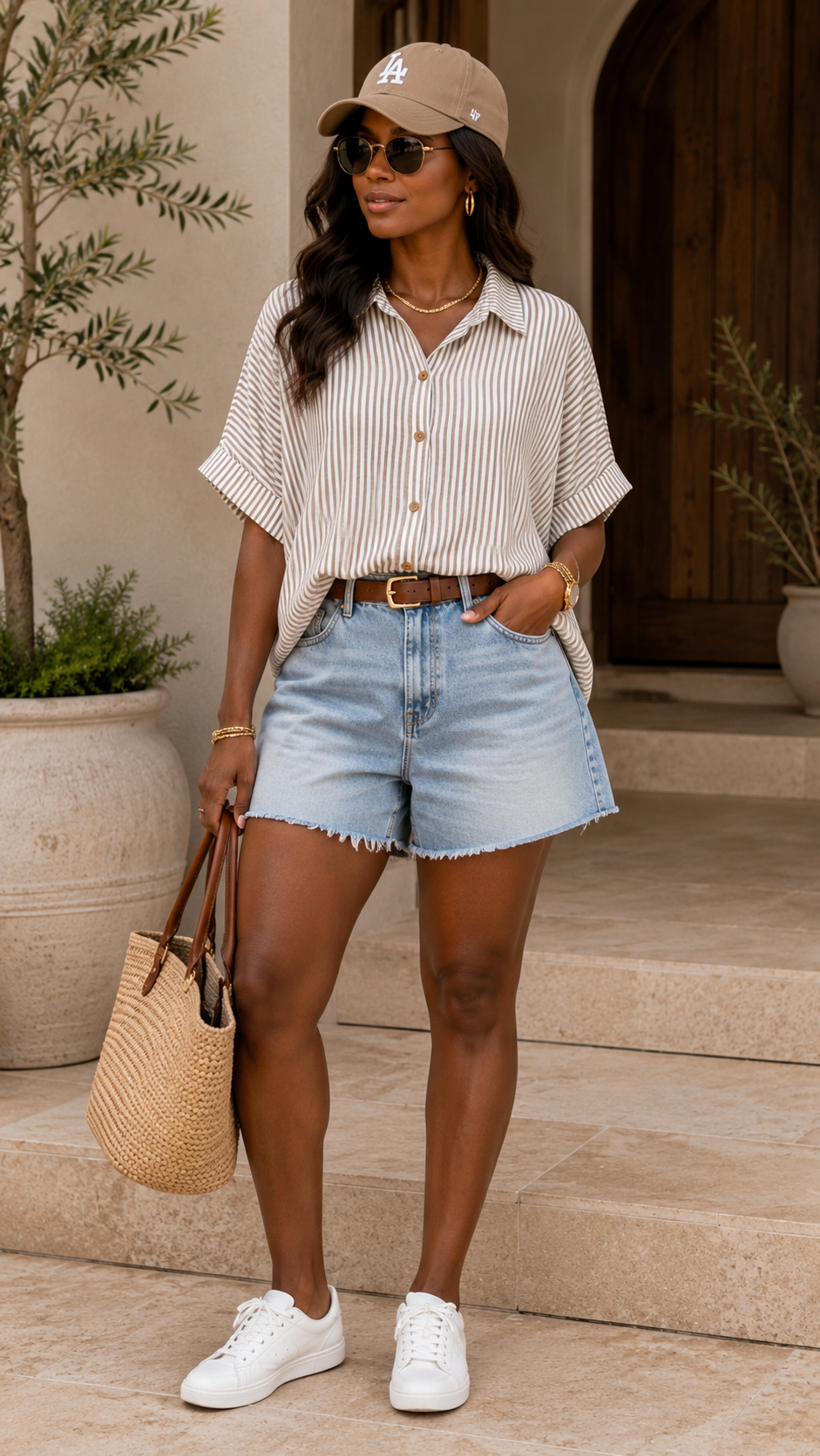 WOVEN STRIPE BUTTON DOWN BOXY TOP (TAUPE)