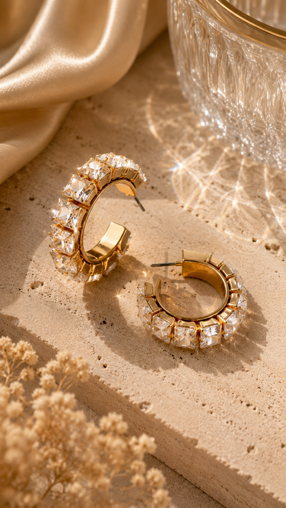 CRYSTAL GOLD HOOP EARRINGS