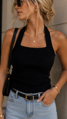 RIBBED SQUARE NECK HALTER TOP (BLACK)