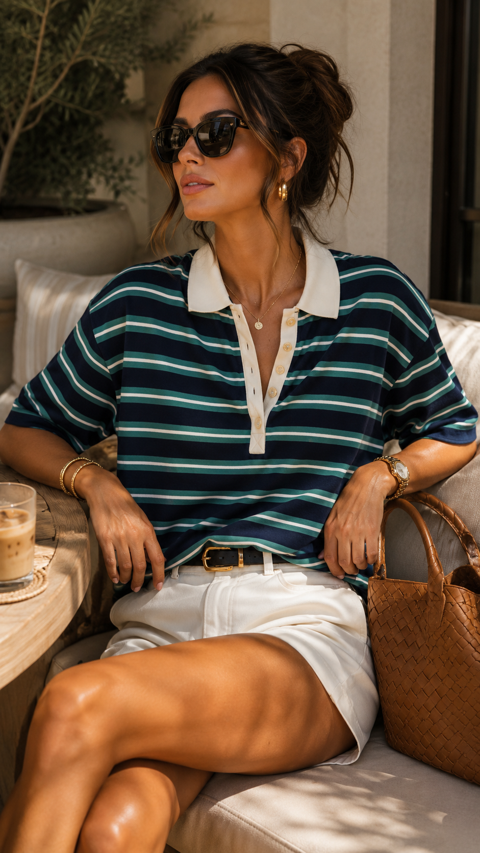 MULTI-COLOR STRIPE SHORT SLEEVE KNIT POLO TOP (NAVY MULTI)