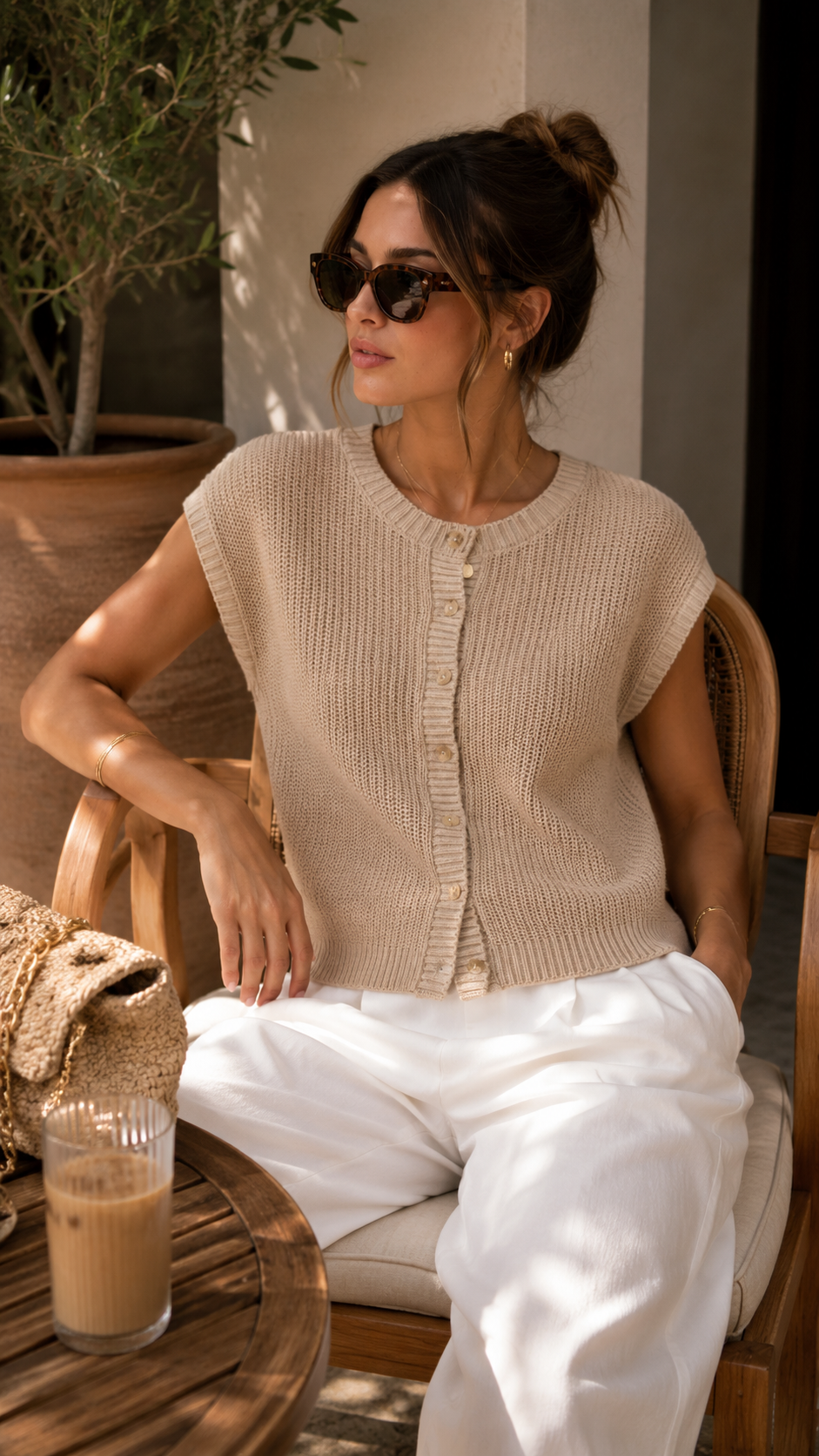 SHORT SLEEVE BUTTON DOWN KNIT CARDIGAN VEST (LIGHT KHAKI)