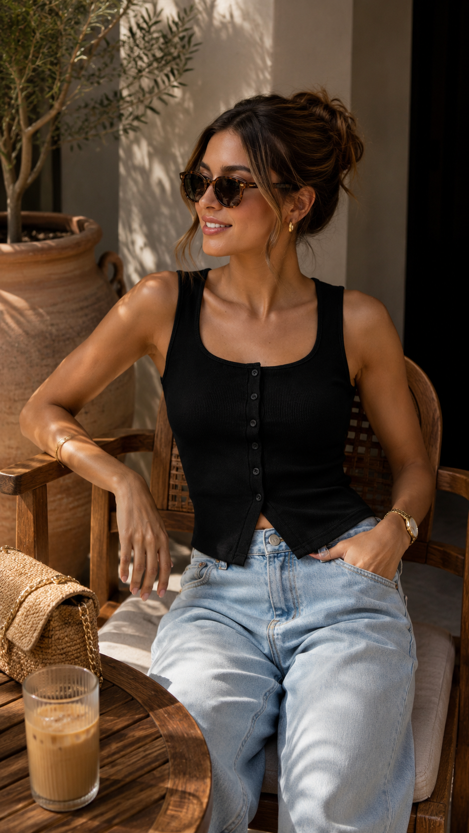 SCOOP NECK BUTTON DOWN SPLIT HEM KNIT TANK TOP (BLACK)