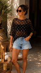 POLKA DOTS MESH OVER SIEZED SHORT SLEEVES TOP (BLACK/IVORY)