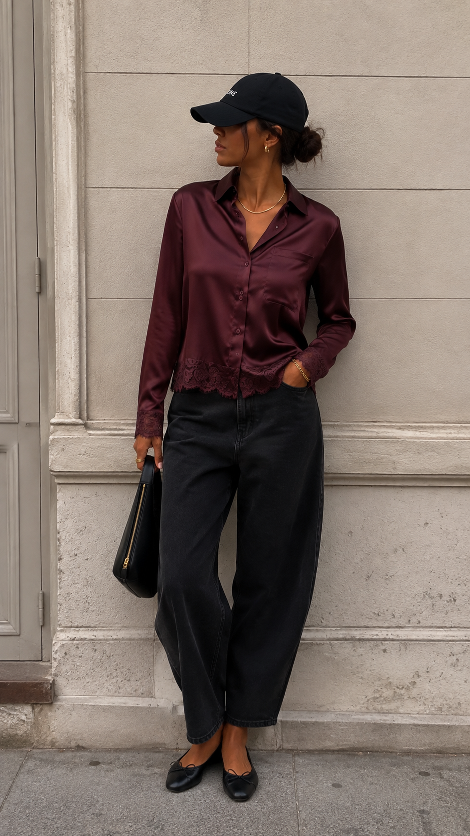 LINDONA SATIN LACE SHIRT (BURGUNDY)