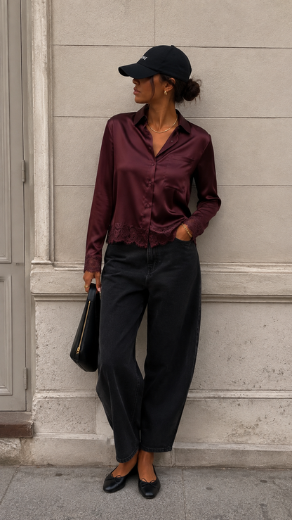 LINDONA SATIN LACE SHIRT (BURGUNDY)