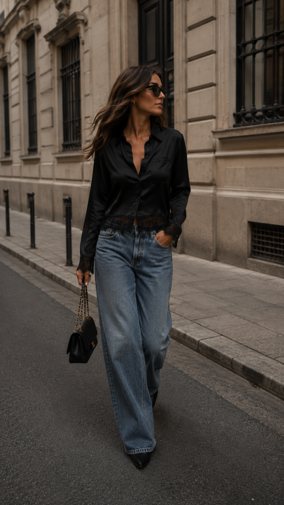 LINDONA SATIN LACE SHIRT (BLACK)