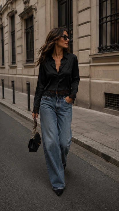 LINDONA SATIN LACE SHIRT (BLACK)