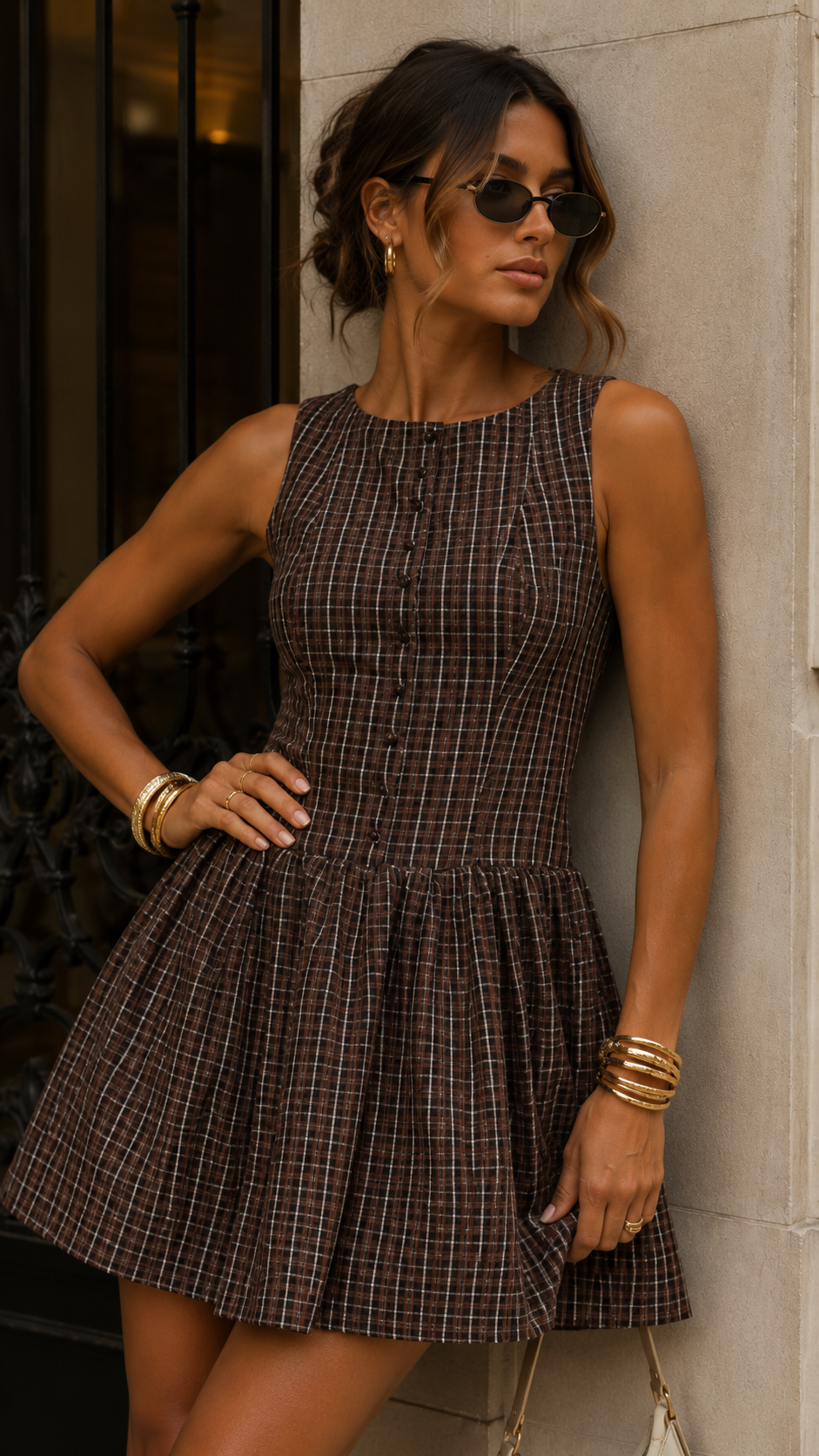 MEELA PLAID MINI DRESS (BROWN)