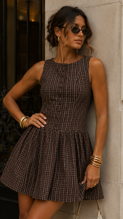 MEELA PLAID MINI DRESS (BROWN)