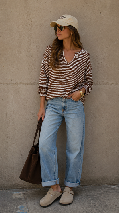 BARLOW STRIPED KNIT OVERSIZED SWEATER (BROWN)