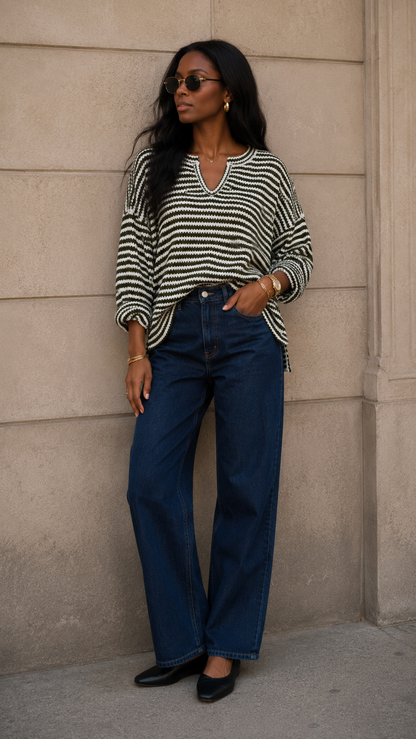 BARLOW STRIPED KNIT OVERSIZED SWEATER (OLIVE GREEN)