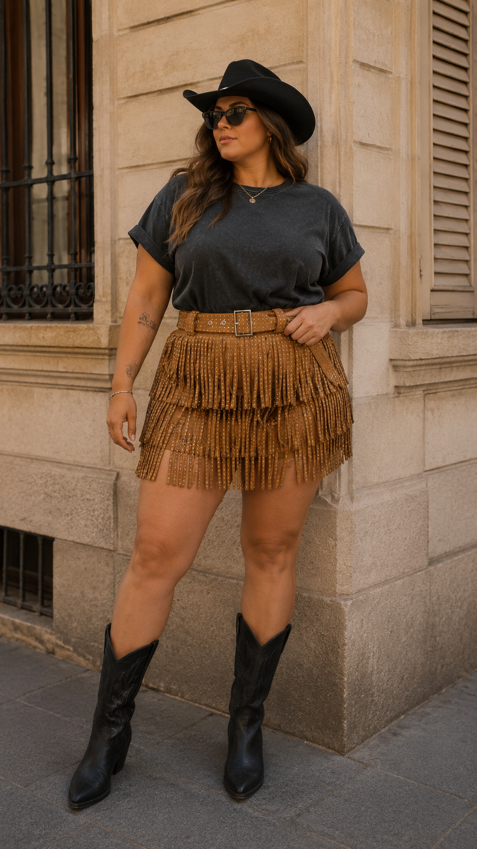 NEW NEVE FRINGE RHINESTONE BELTED SKIRT (BROWN)