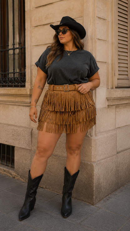 NEW NEVE FRINGE RHINESTONE BELTED SKIRT (BROWN)
