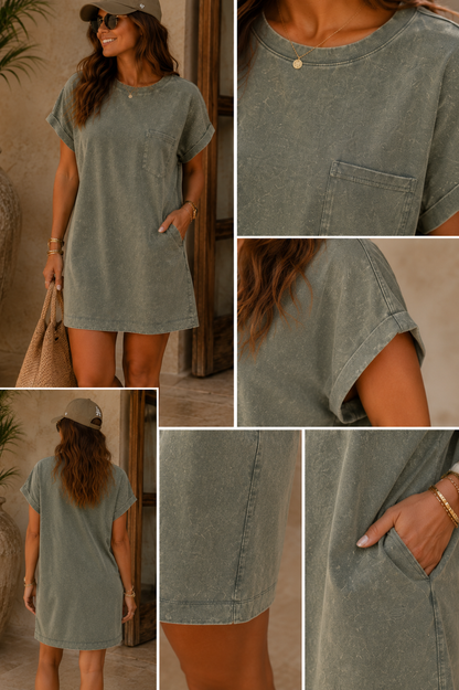 PREMIUM COTTON WASHED T-SHIRTS DRESS (ASH JADE)