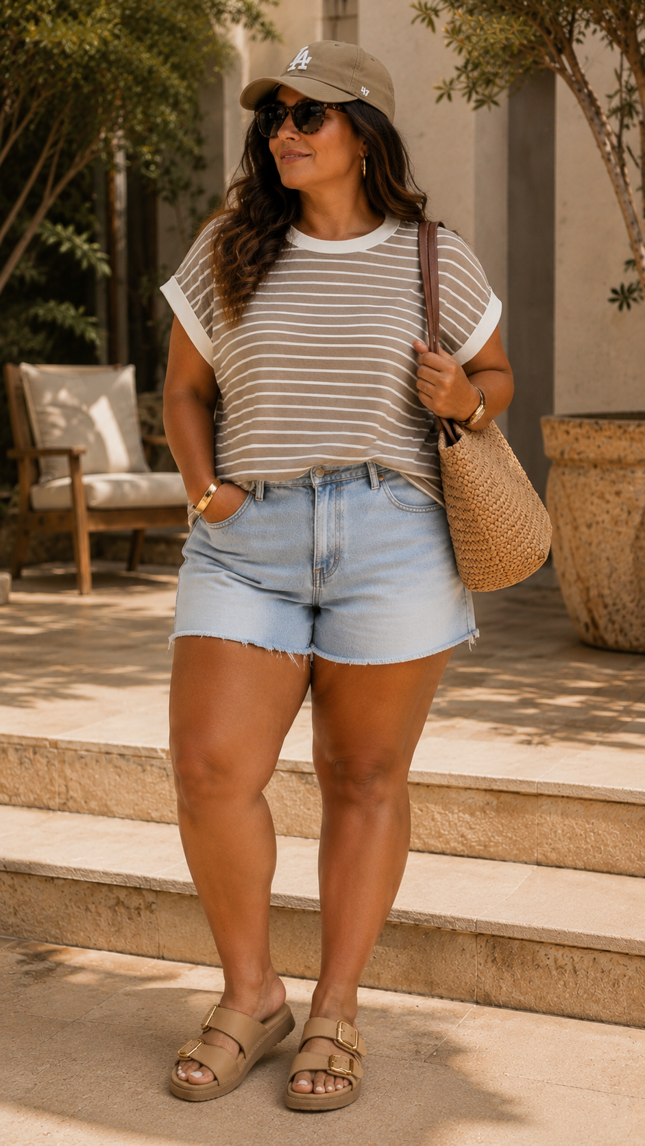 CONTRAST TRIM CAP SLEEVE STRIPE TEE (MOCHA)