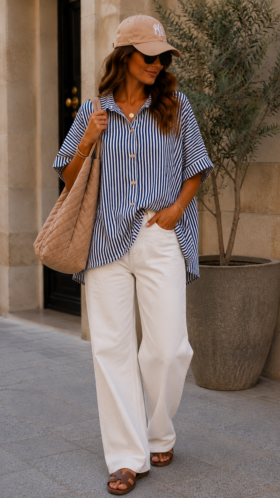 T-SHIRT STRIPED BUTTON UP TOP (NAVY)