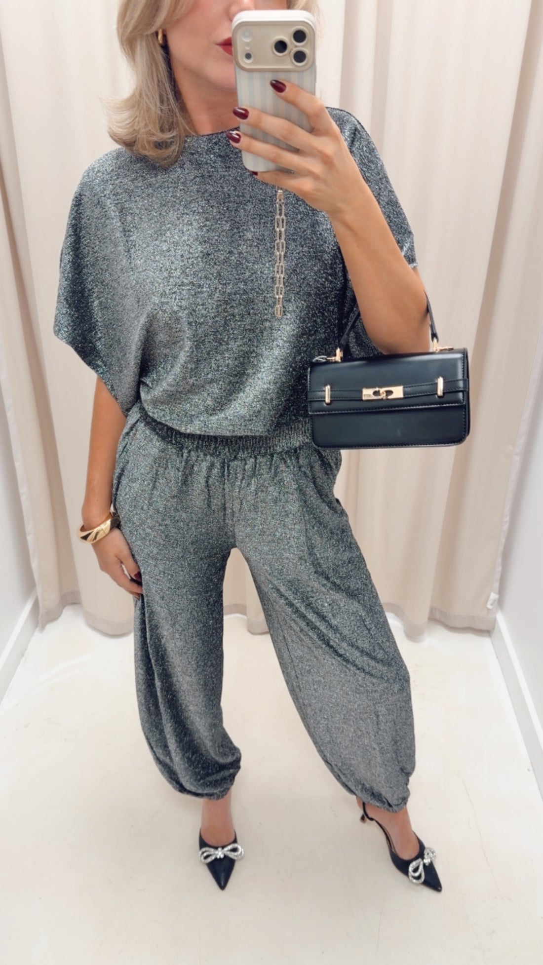 KArebecca Jersey Pants - Silver black glitter - Metallic