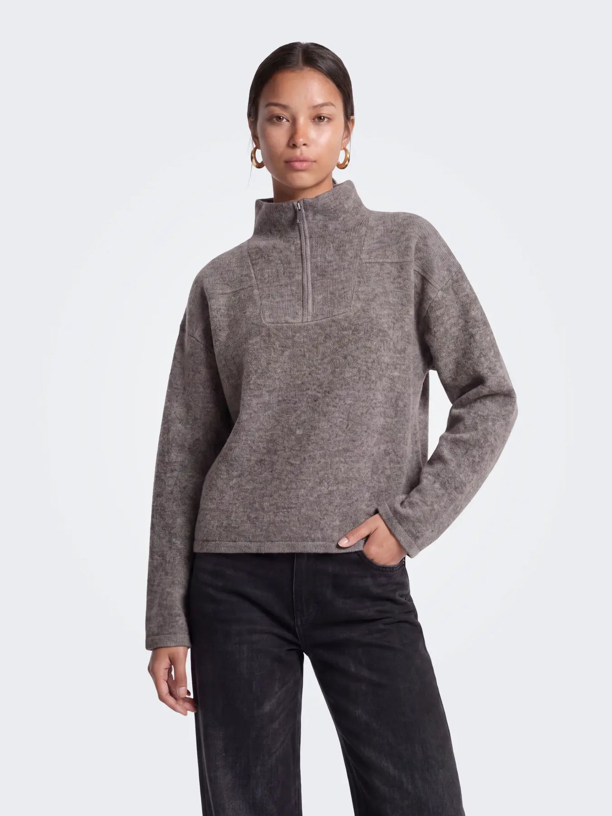 CLARA HALF ZIP UP SWEATER (BROWN) | ONLY