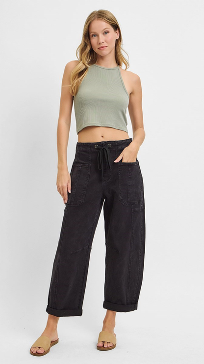 DEMI HIGH RISE CROP WIDE BARREL CARGO POCKET PANTS