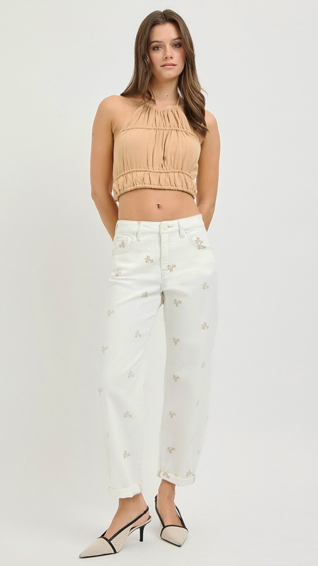 KLOE HIGH RISE LEAF EMBO DETAILED BARREL PANTS