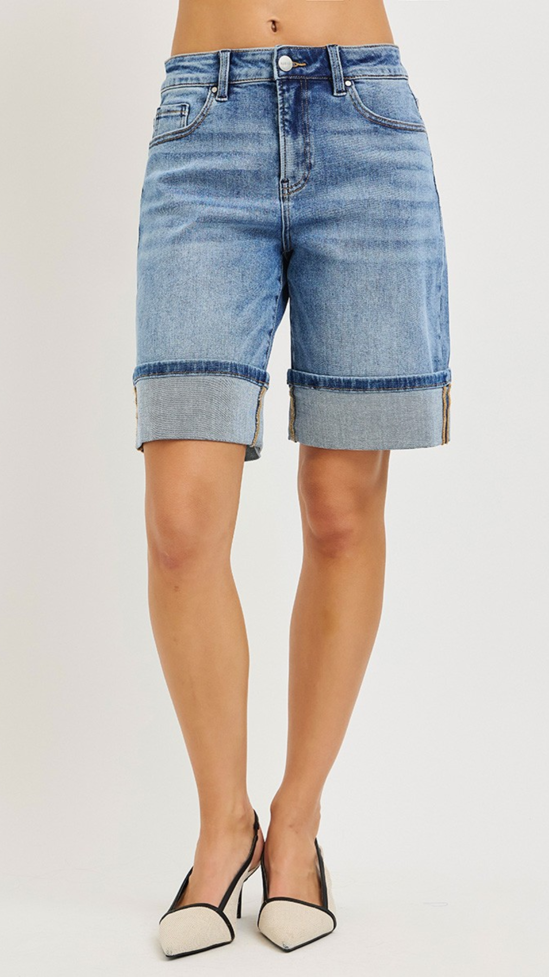 HIGH RISE MID LENGTH CUFFED SHORTS