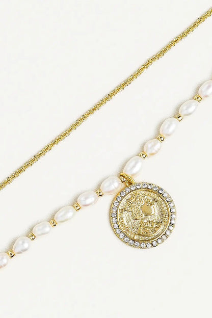 NEW 18K GOLD STACK PEARL &amp; COIN NECKLACE