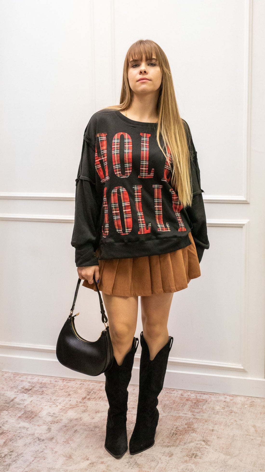 HOLLY JOLLY SWEATSHIRT (BLACK/RED PLAID)