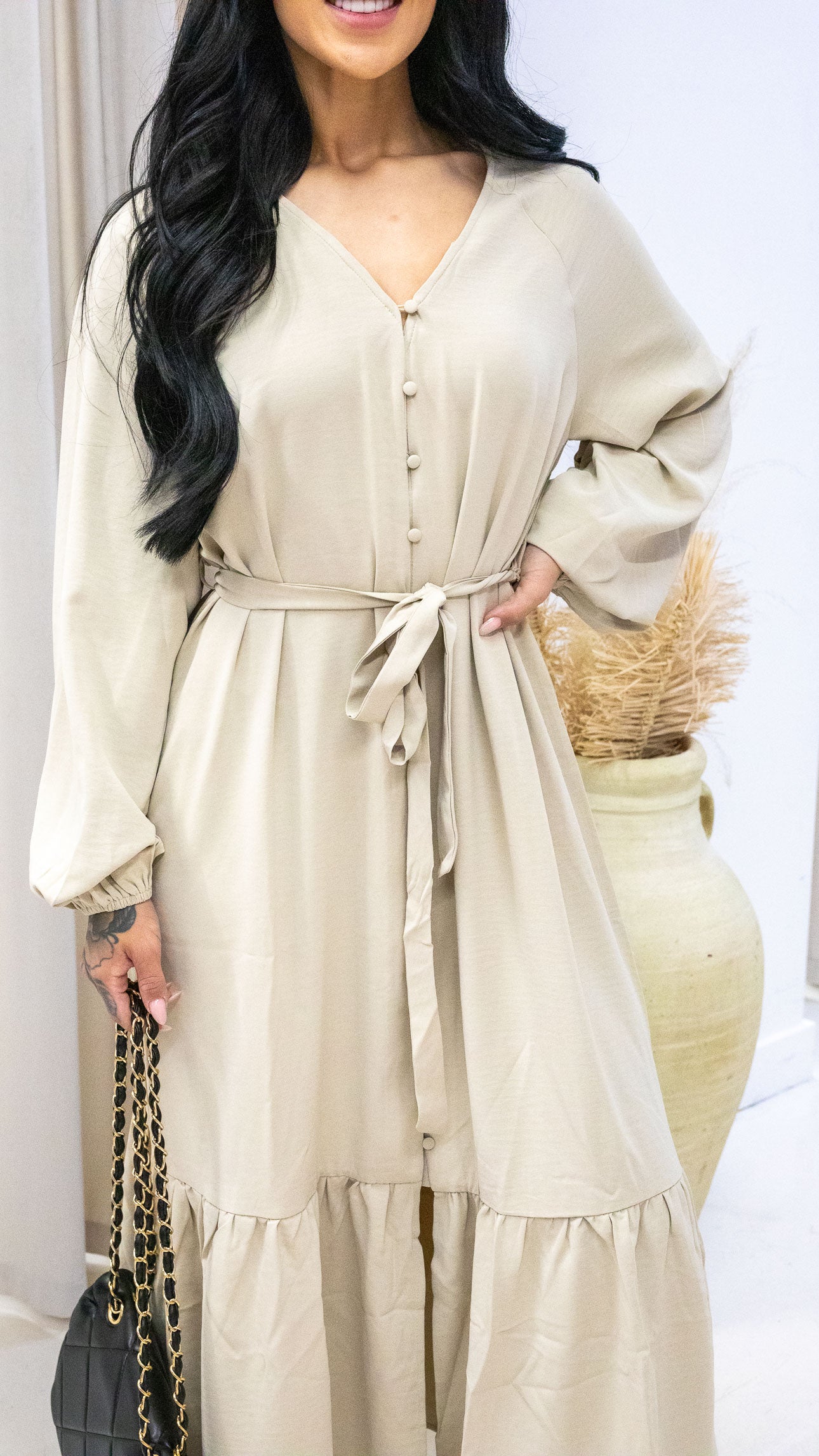 MELINA TIE WAIST MAXI DRESS (BEIGE)