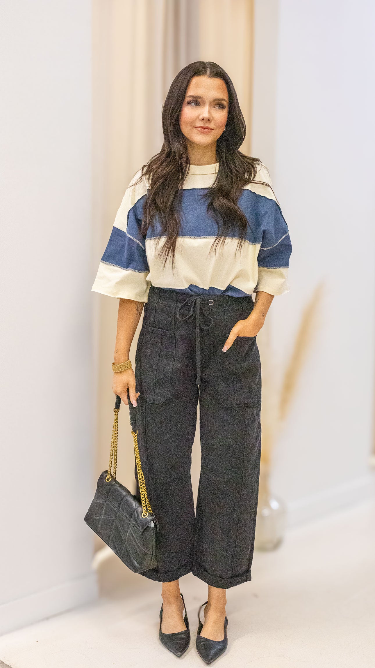 DEMI HIGH RISE CROP WIDE BARREL CARGO POCKET PANTS